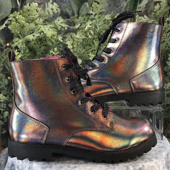 Brash Jet Fashion Lug Boots Iridescent Bronze Zip & Laces Combo Girls 5 NWT&NIB - Picture 4 of 10